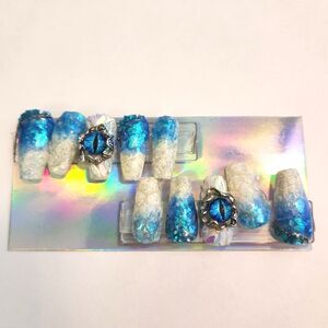 FantaSea Fingers Ice Dragon Blue & White Short Coffin Nails Size Medium